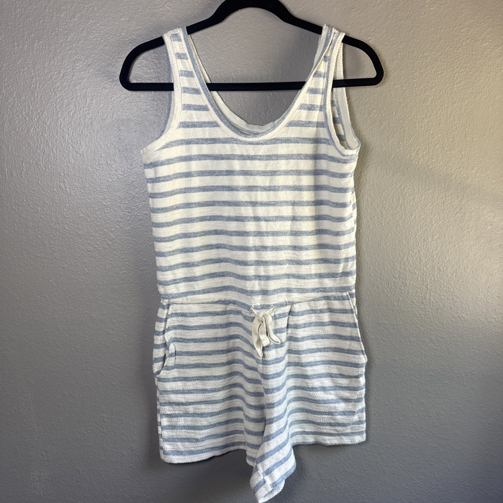 Old Navy Waist-Defined Striped Terry Beach Romper Women XS Sleeveless Blue Cream